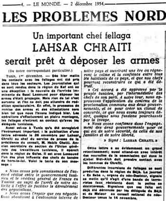 Coupure du journal Le Monde du 2 décembre 1954 titrant sur Lazhar Chraïti.